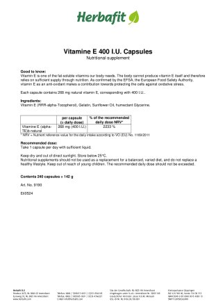 Vitamin E 400 I.U. Capsules 143 g