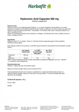 Hyaluronic Acid Capsules 500 mg 61 g